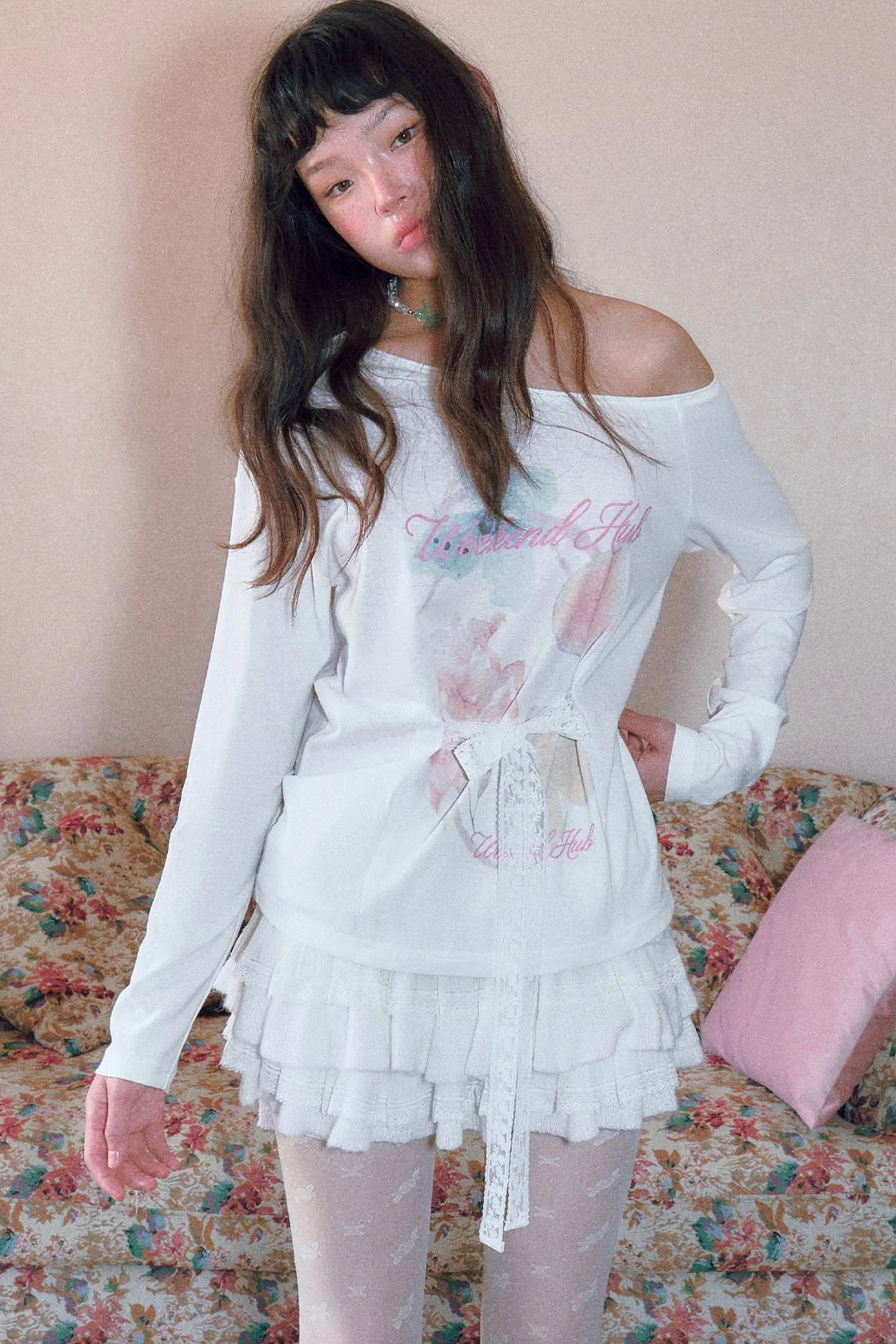 Floral Print Off-Shoulder Long-Sleeved Top and Skirt Set-Up - gxfjsh