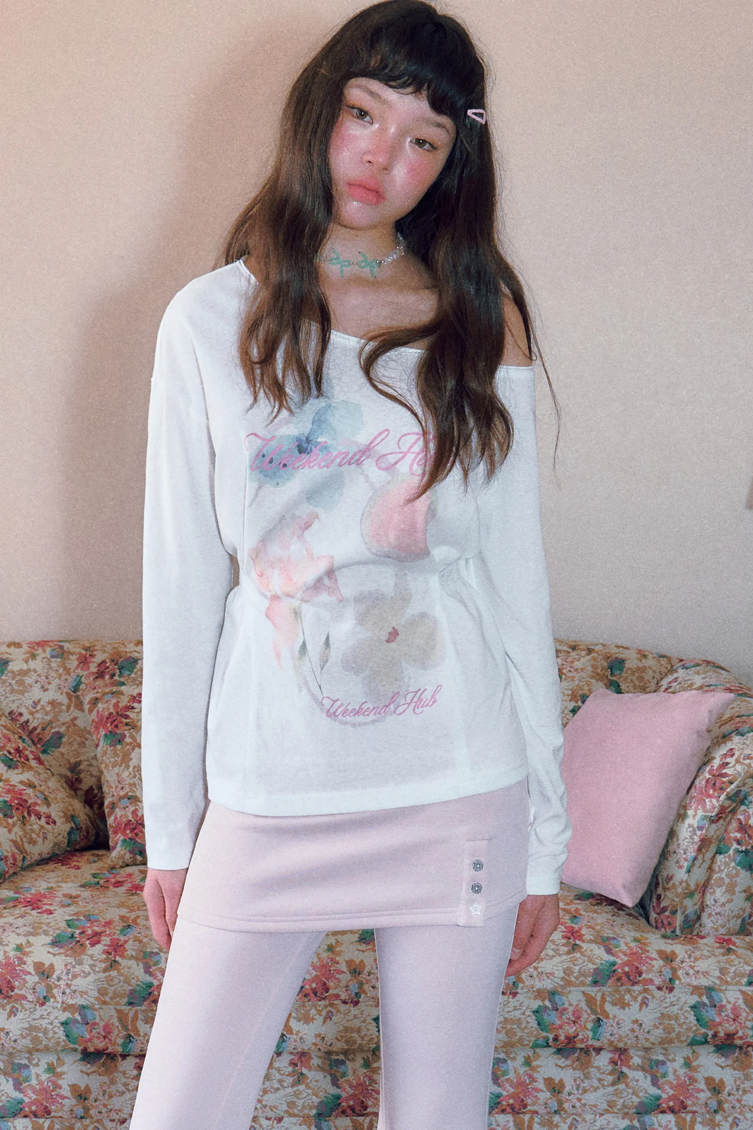 Floral Print Off-Shoulder Long-Sleeved Top and Skirt Set-Up - gxfjsh