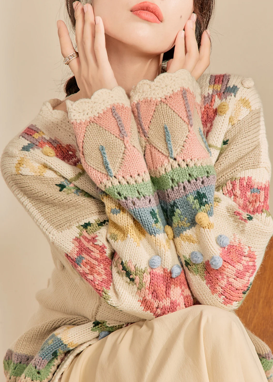 New Loose Beige Embroidered Button Knit Cardigans Spring