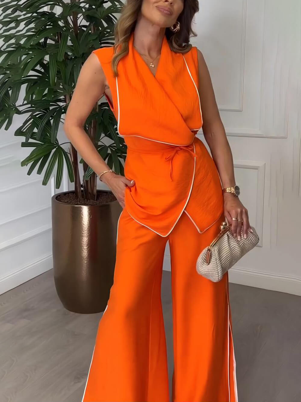 Exquisite Contrast Color Stitching Slit Loose Wide-Leg Pants