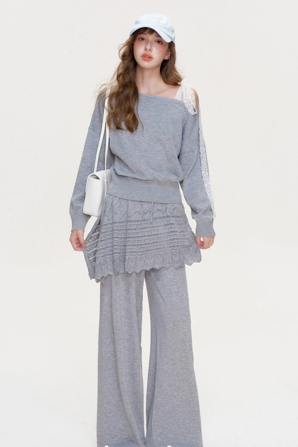 Wool Blend Off-Shoulder Lace Bow Knit Sweater and Pants Set-Up - gxfjsh