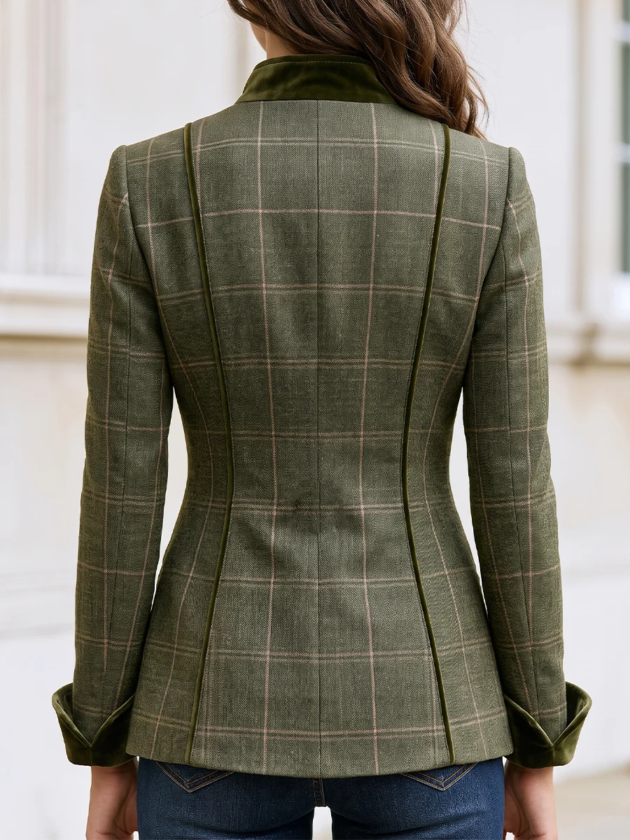 Plaid Wool Blazer, Velvet Trim Stand‑Collar Tailored Jacket For Women - kaehukai