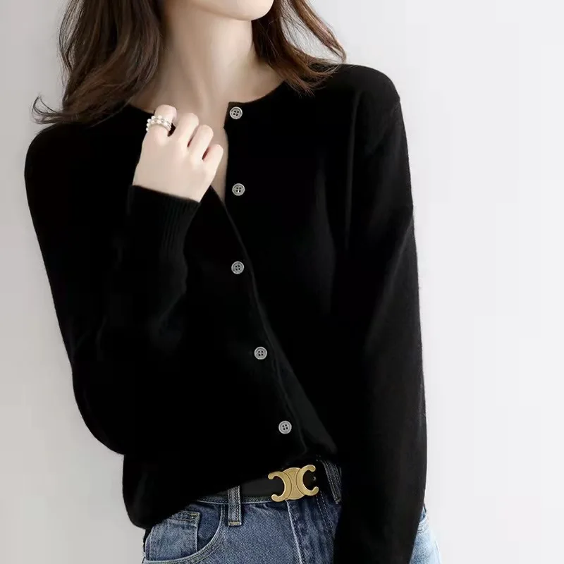 Single Breasted Chic Fashion Solid Long Sleeve Round Neck Autumn Winter Casual Cardigan