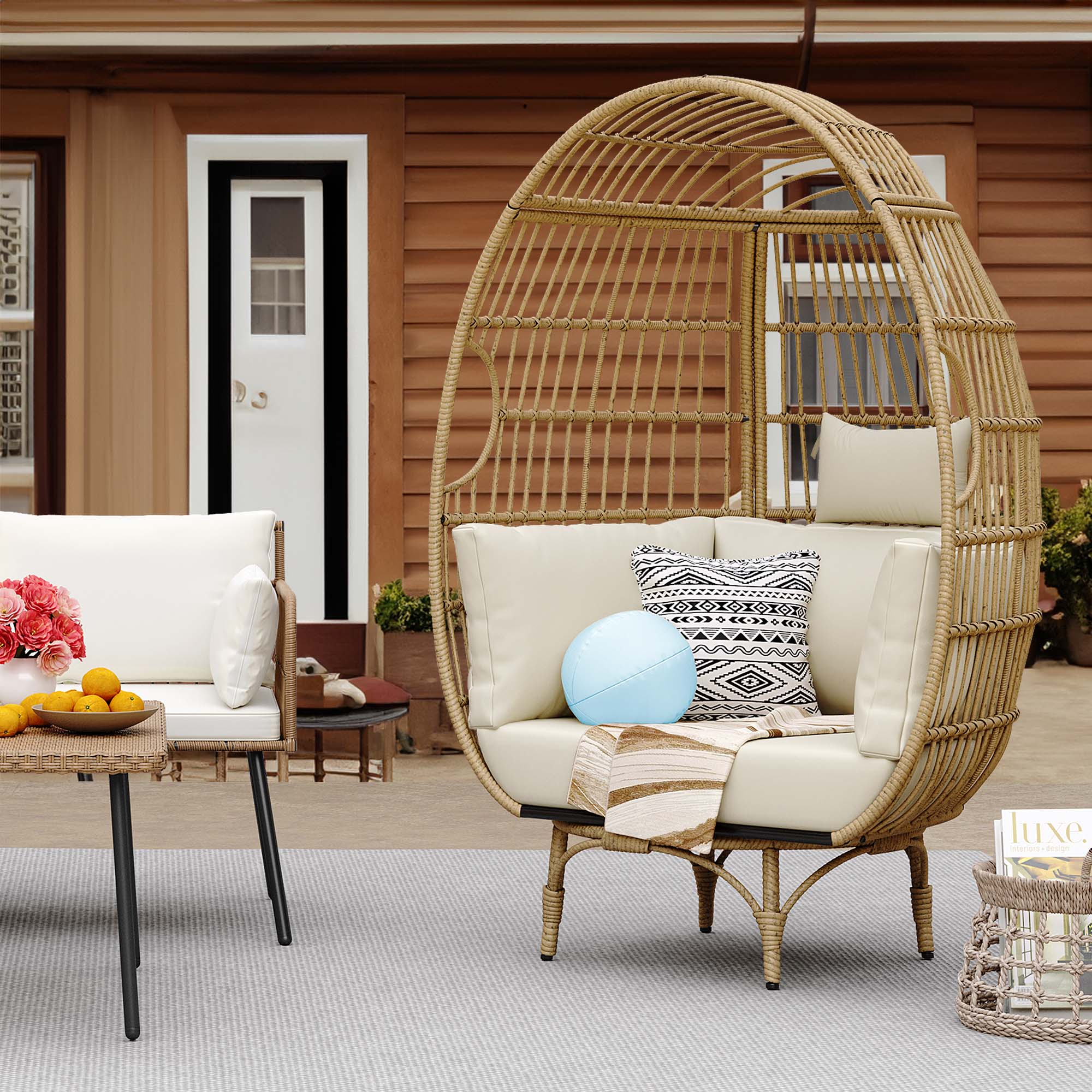 🔥360° Swivel Oversized Outdoor Rattan Egg Swivel Chair Patio Indoor Large Wicker Lounger Soft Cushions