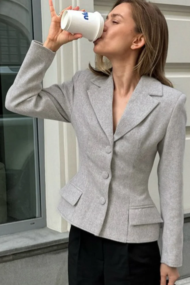 Charcoal Gray Tailored Waist Blazer - malitai