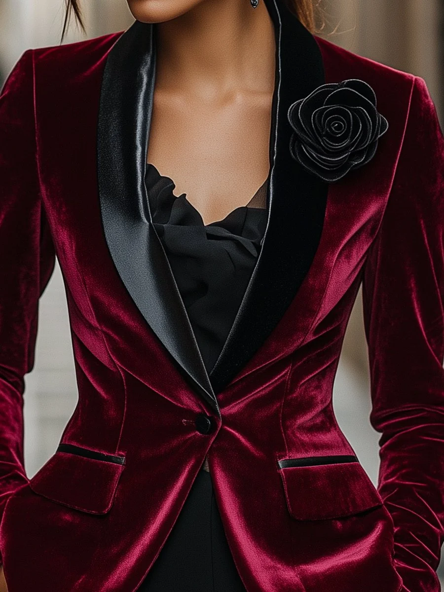 Burgundy Velvet Blazer with Satin Lapels and Black Rose Detail - kaehukai
