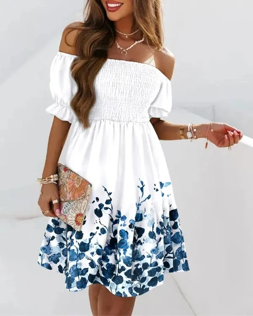 Women's Short Sleeve Bohemian Printed Off Shoulder Mini Summer Dress