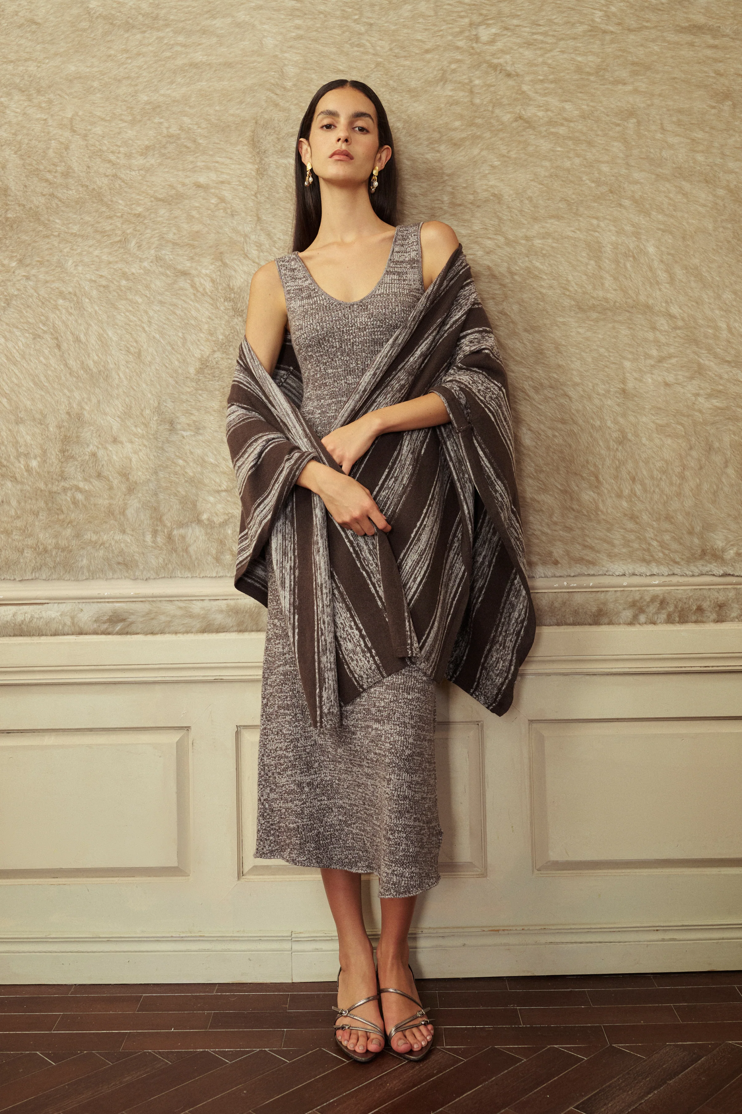 Marled knit midi dress & striped wrap set