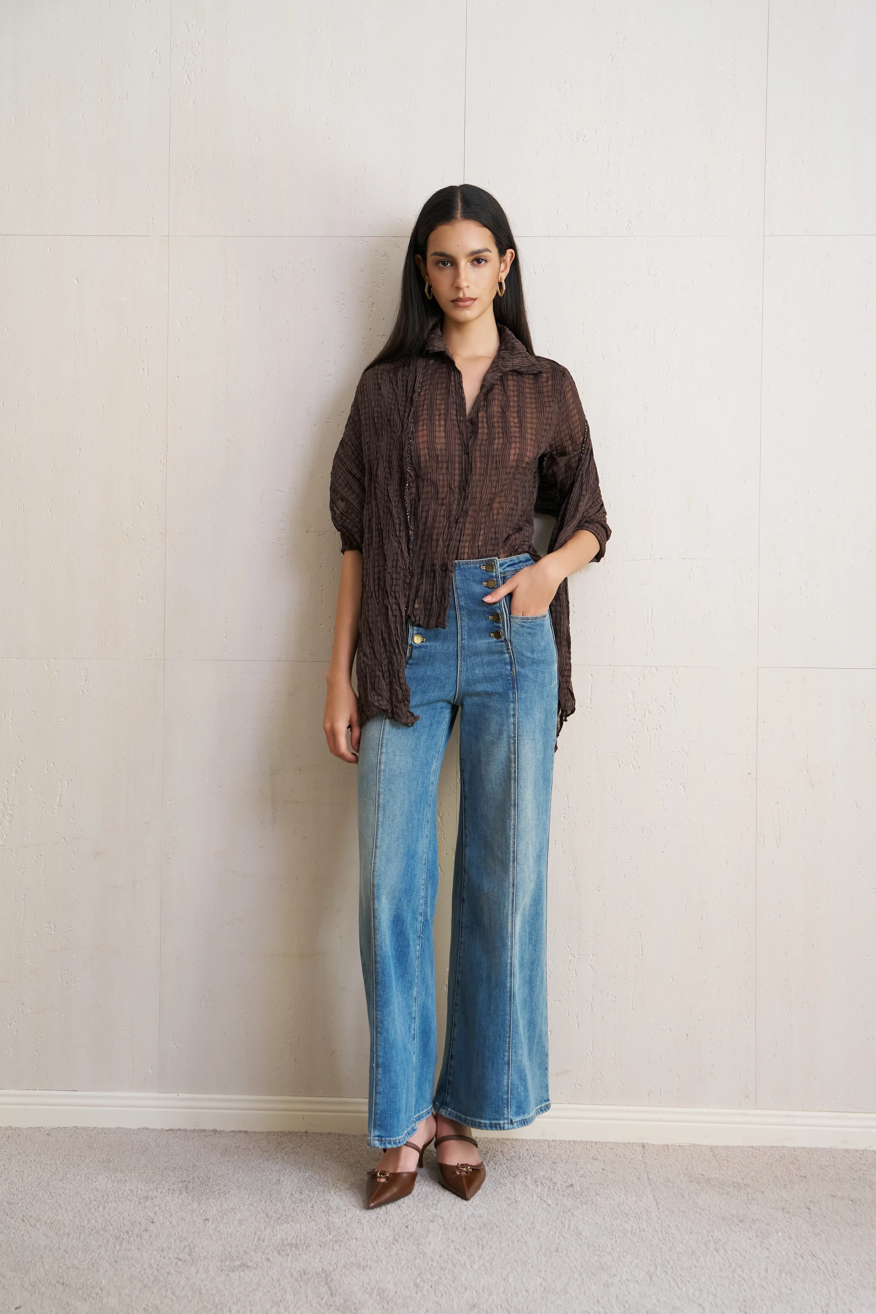 Sailor button wide leg jeans
