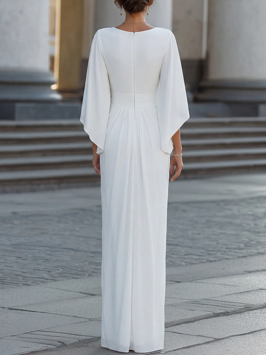 Plunging V-Neck Pleated Ruched Cape Sleeve Maxi Dress - kaehukai