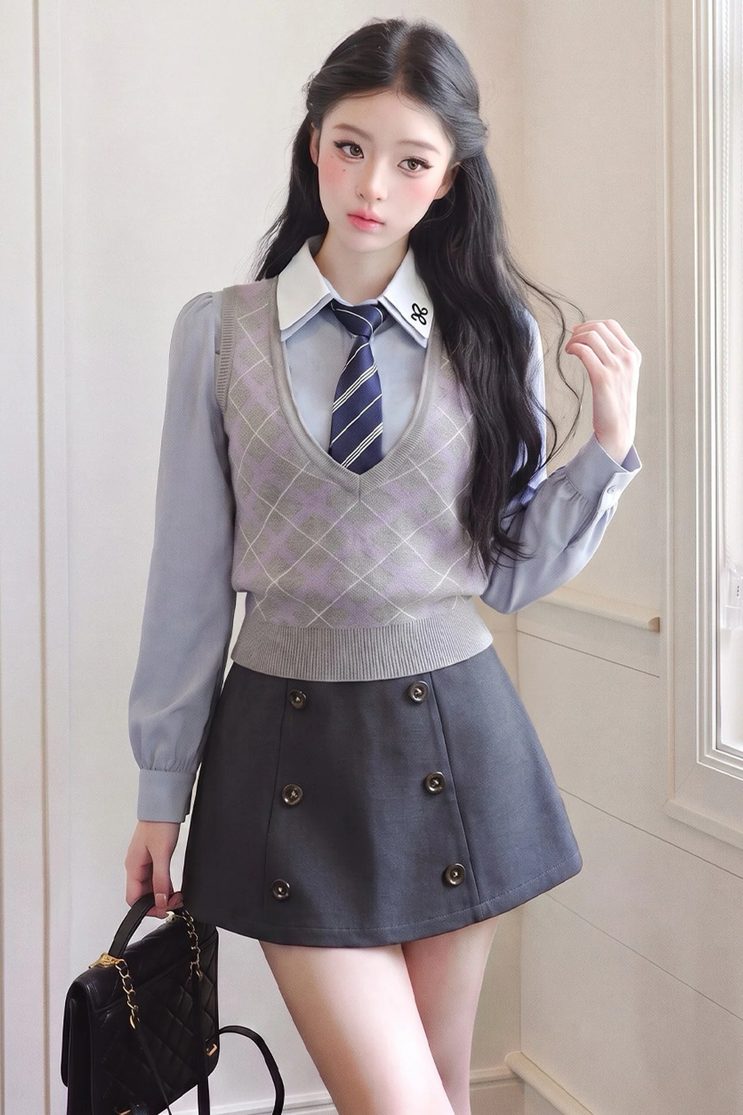 Plaid Vest, Long-Sleeve Shirt and Skirt Set-Up - gxfjsh