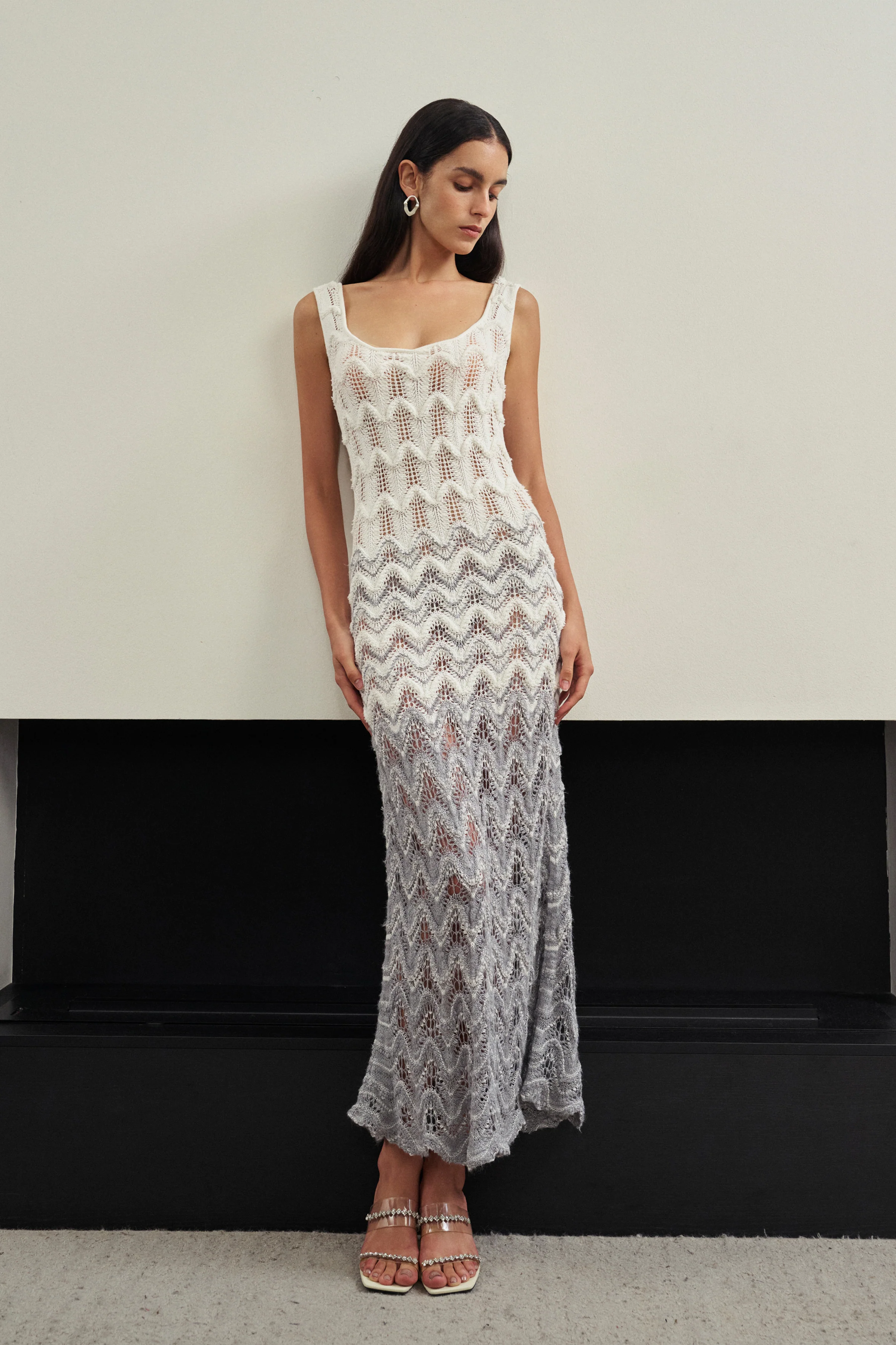 Ombré openwork wave knit maxi dress