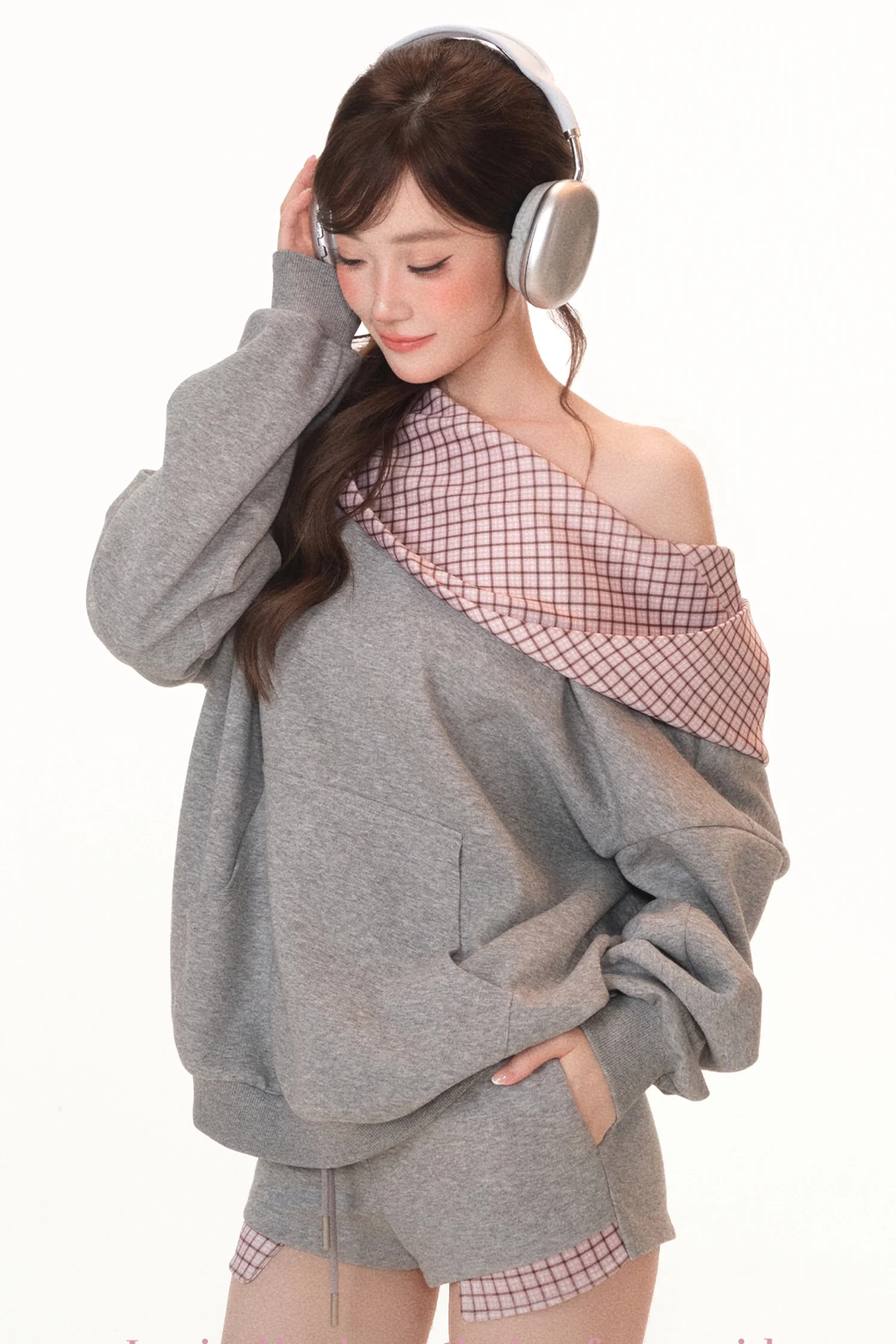 Gray Plaid Patchwork Sweatshirt and Shorts Set-Up - gxfjsh