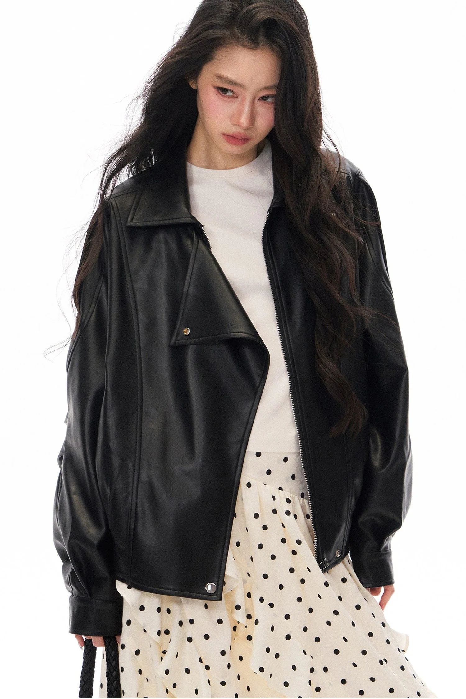 Black PU Lapel Biker Jacket, Polka Skirt and Dress Set-Up - gxfjsh