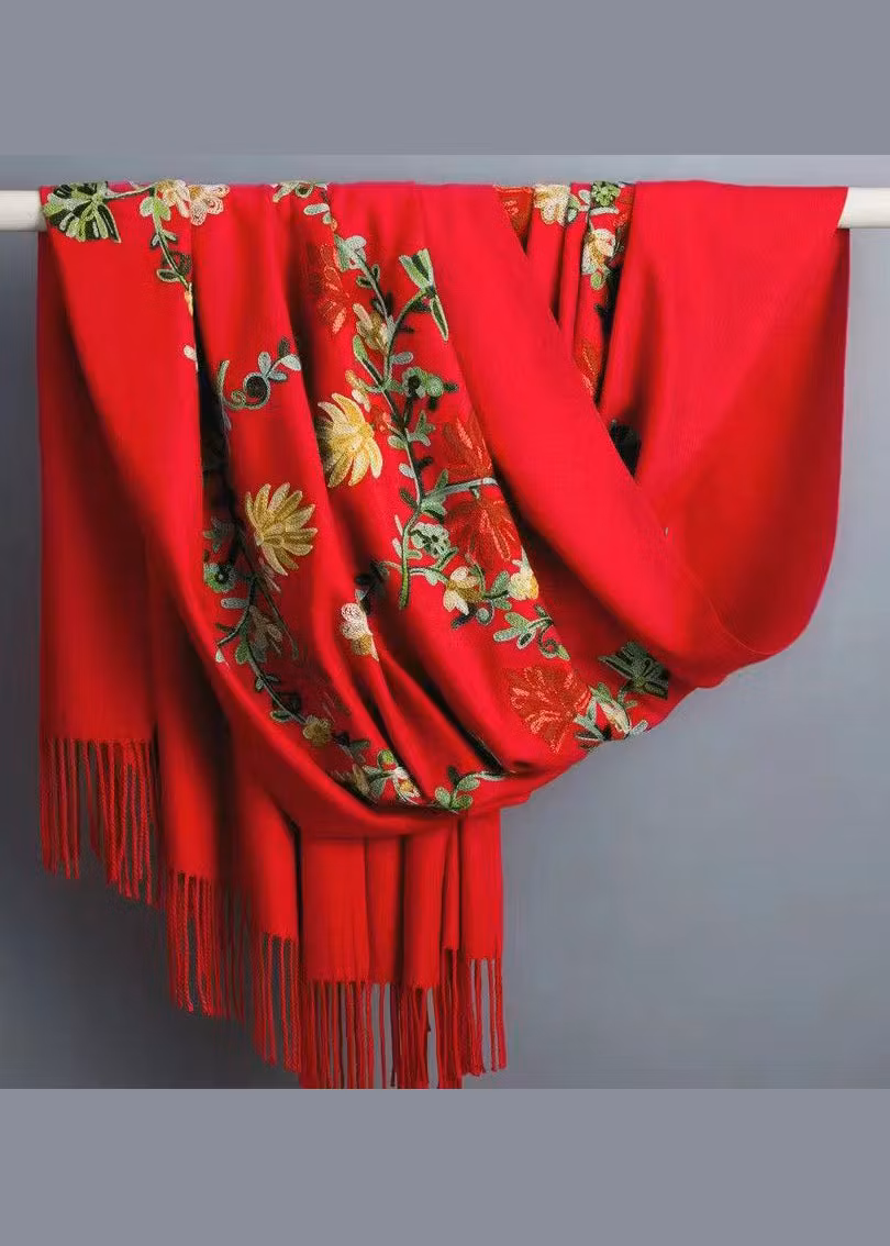 Bohemian Pink Tasseled Embroideried Faux Cashmere Scarf