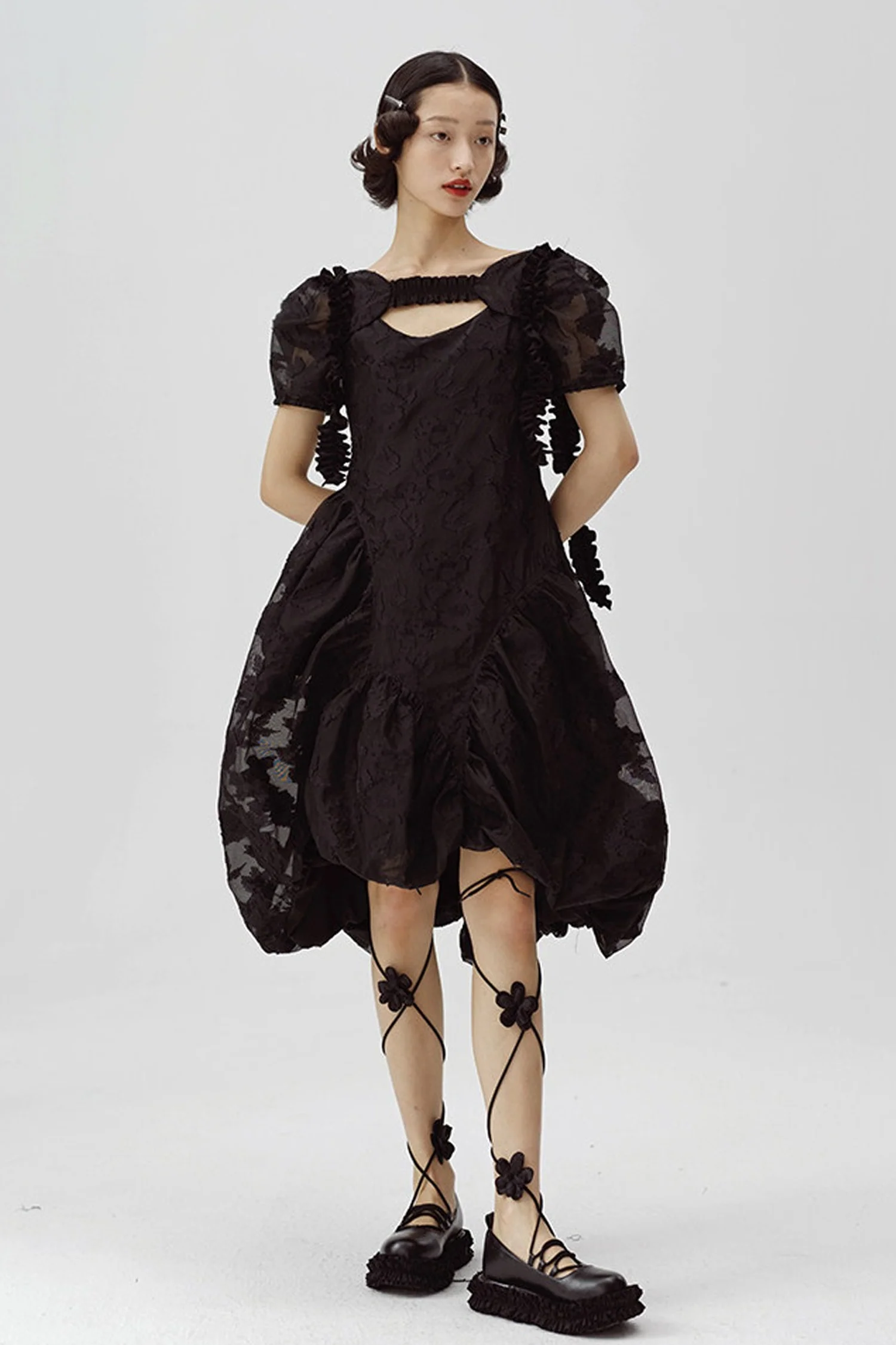 Irregular Floral Puff Dress - gxfjsh