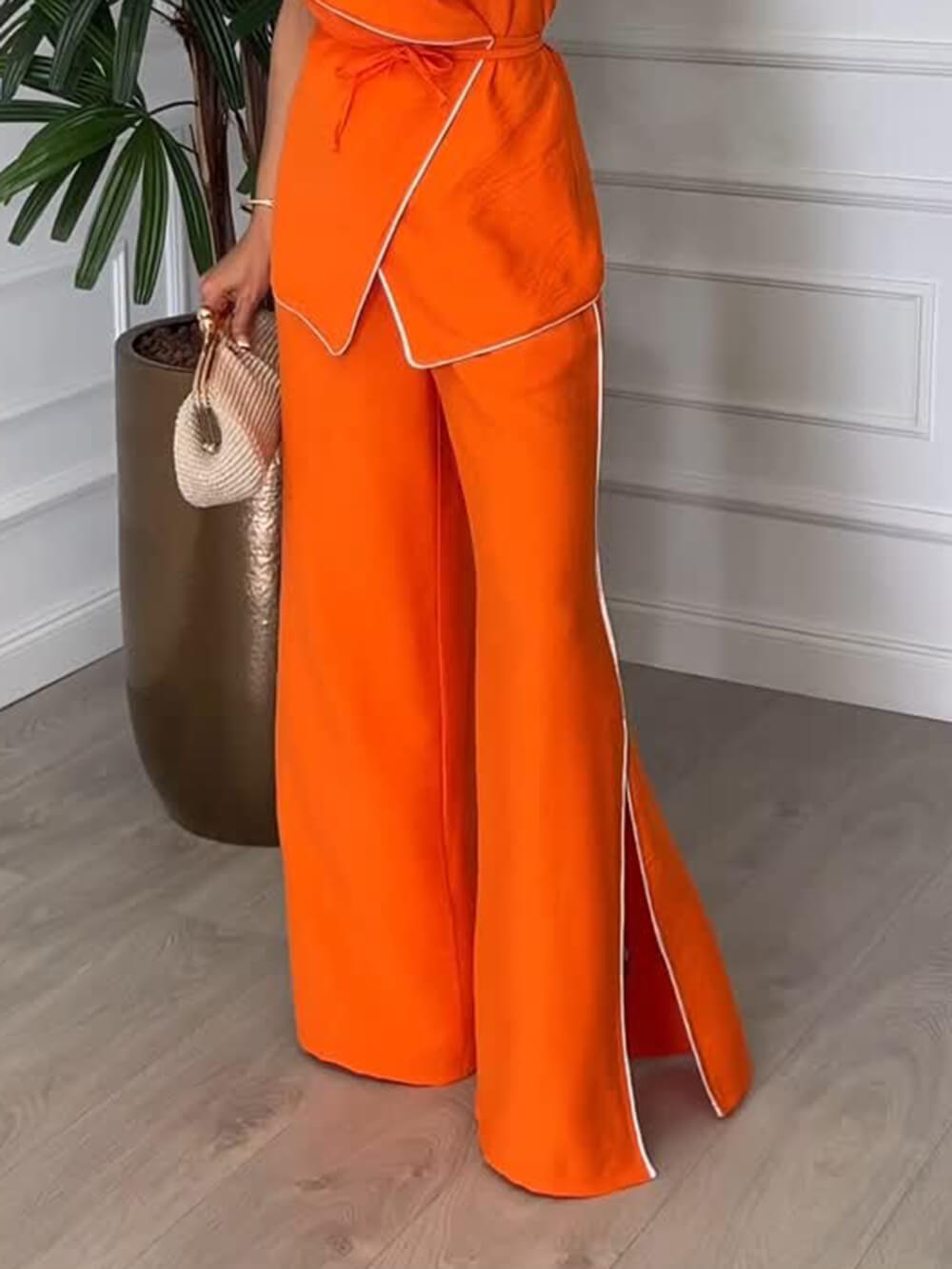 Exquisite Contrast Color Stitching Slit Loose Wide-Leg Pants