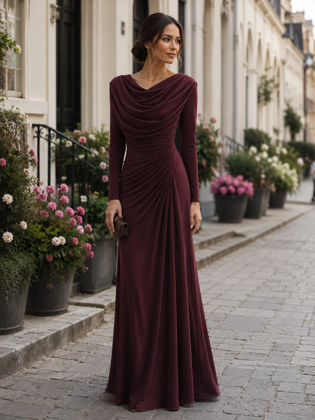 Draped Cowl Neck Ruched Maxi Dress - kaehukai