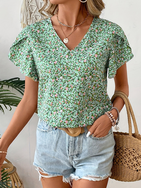 Loose Puff Sleeves Flower Print V-Neck Blouses&Shirts Tops