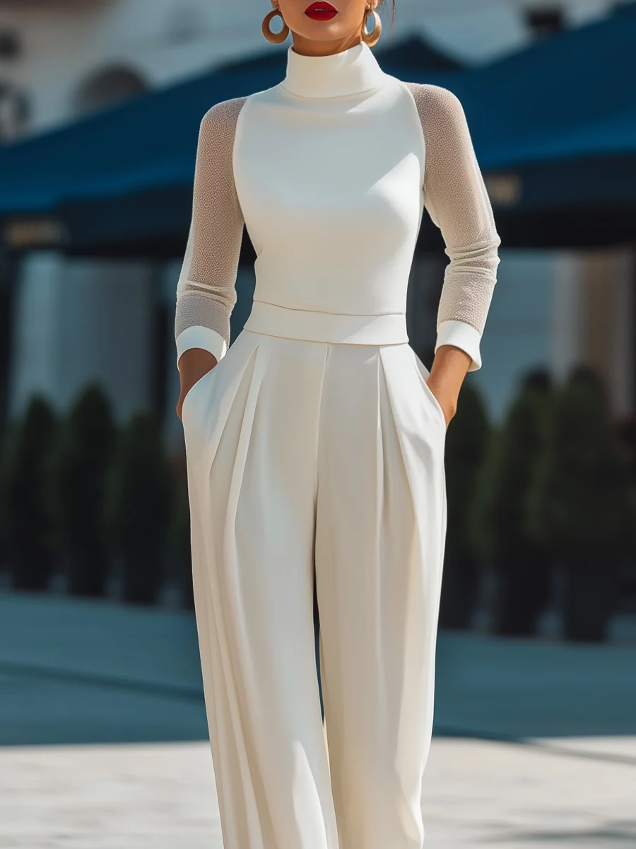 High Neck Sheer Sleeve Tailored Wide-Leg Jumpsuit - kaehukai