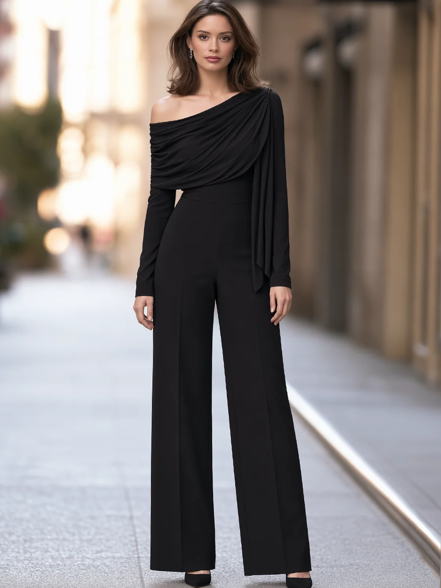 One-Shoulder Draped Wide Leg Jumpsuit - kaehukai