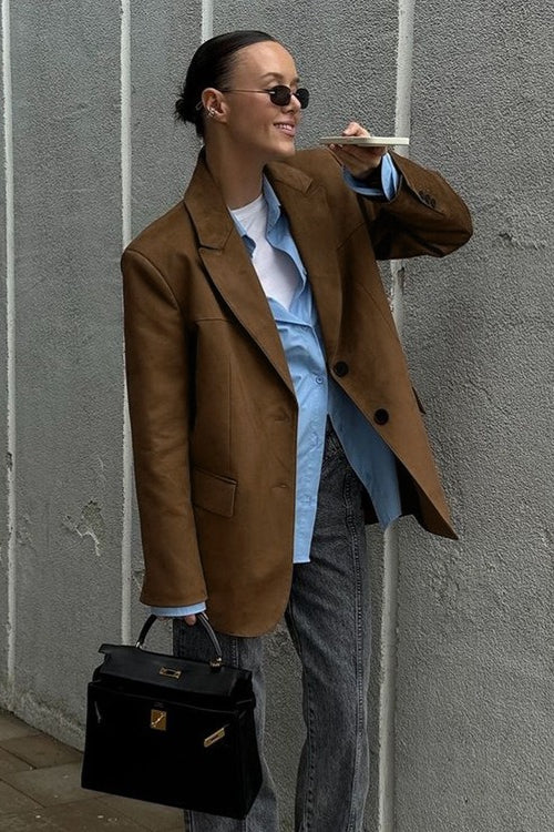 Suede Leather Vintage Brown Blazer - malitai