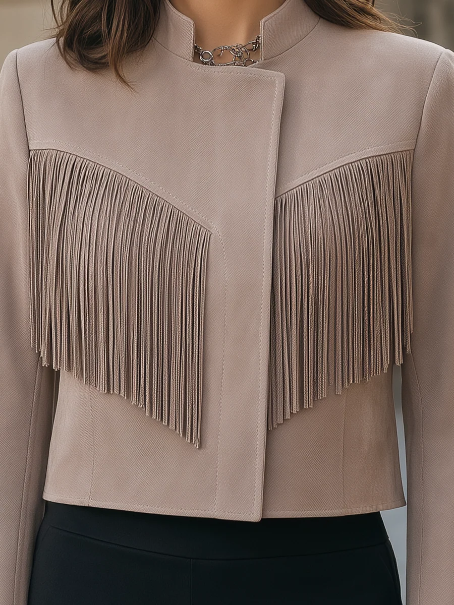 Beige Fringe Stand Collar Cropped Jacket - kaehukai