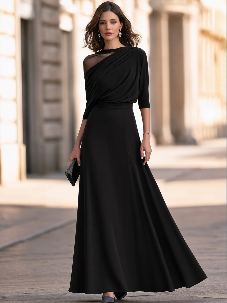 Elegant Draped Mesh One-Shoulder Maxi Evening Dress - kaehukai
