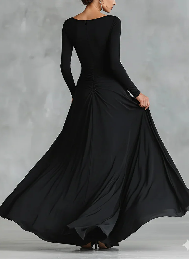 Black modern crepe pleated boat neck long dress