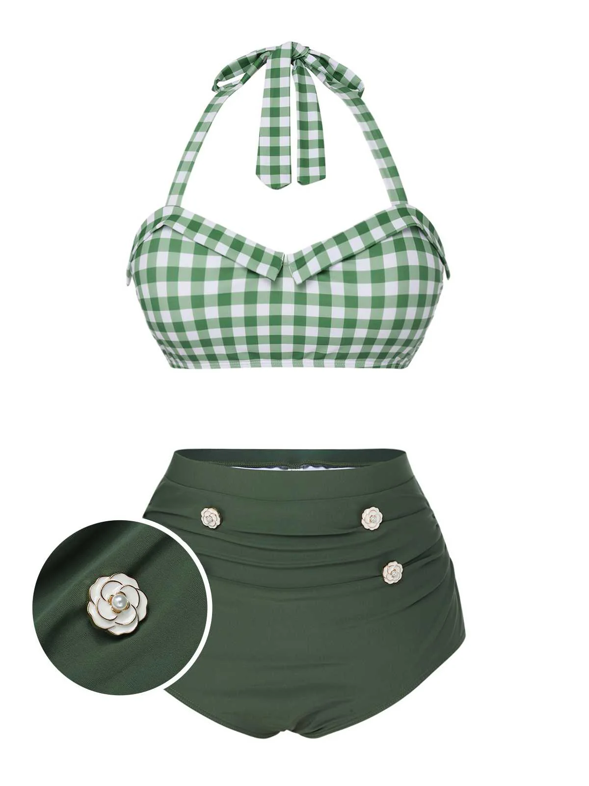 Green Gray Halter Plaids Swimsuit