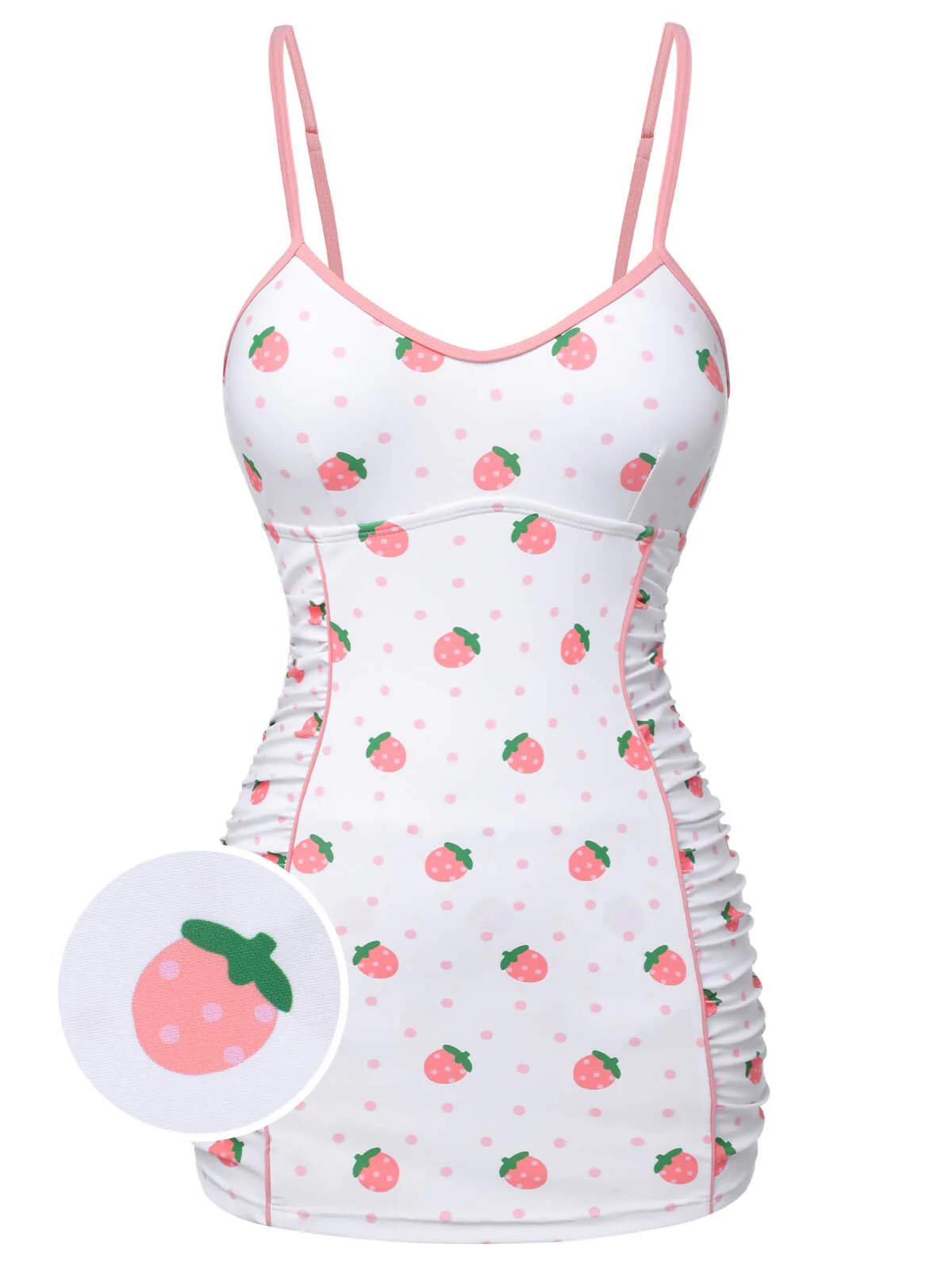 White & Pink  Strawberry Pleated Swimsuit