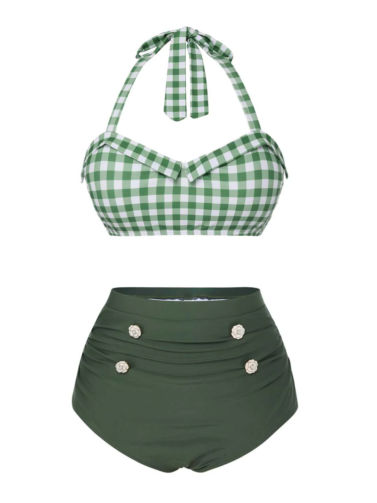 Green Gray Halter Plaids Swimsuit