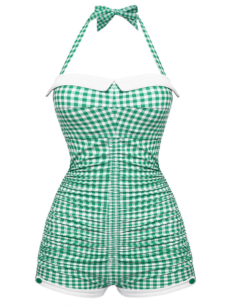 Gingham Halter Bowknot One-piece Swimsuit