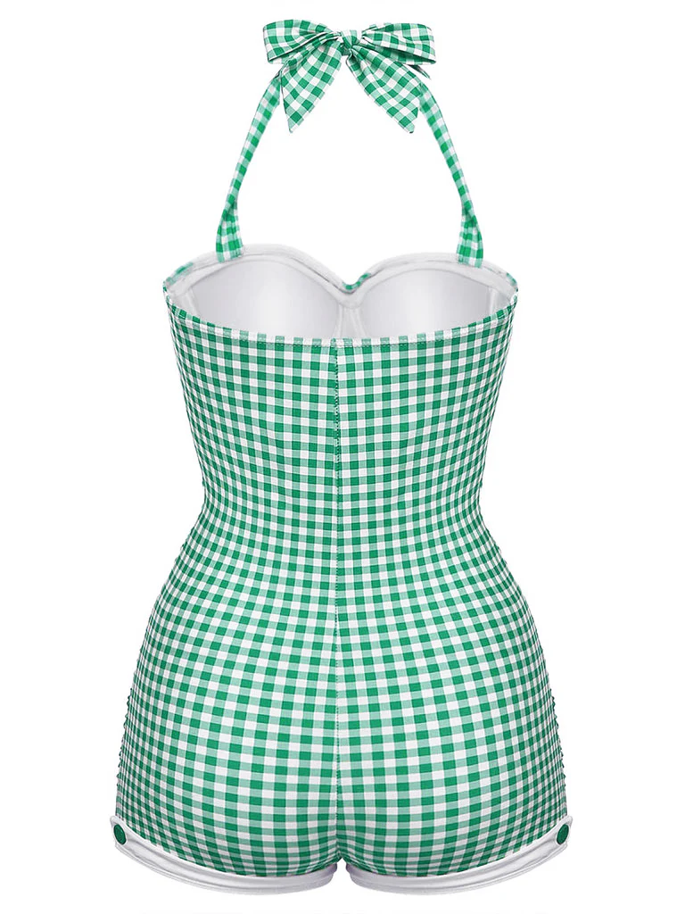 Gingham Halter Bowknot One-piece Swimsuit