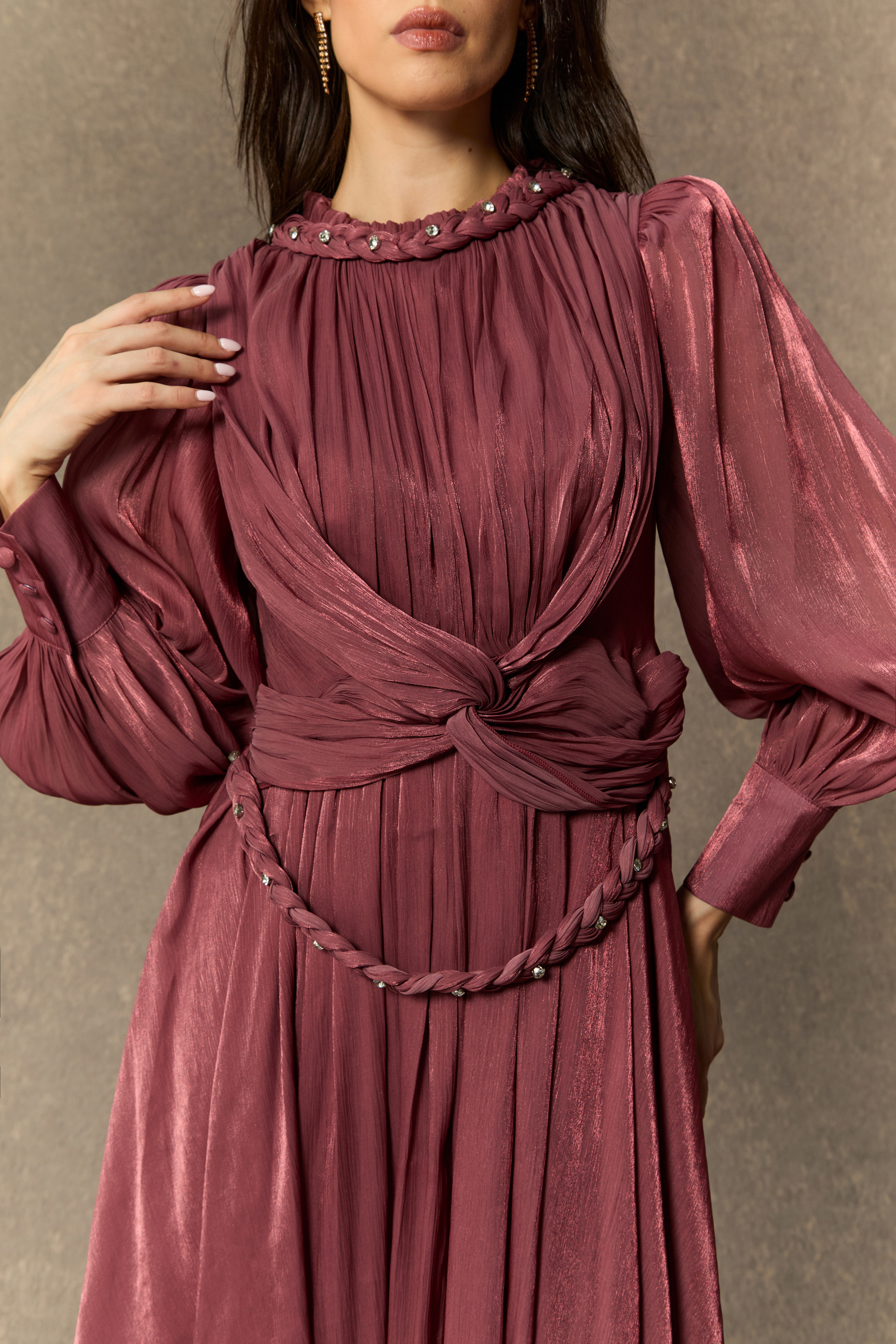 Pink Braided Detail Lantern Sleeve Maxi Dress