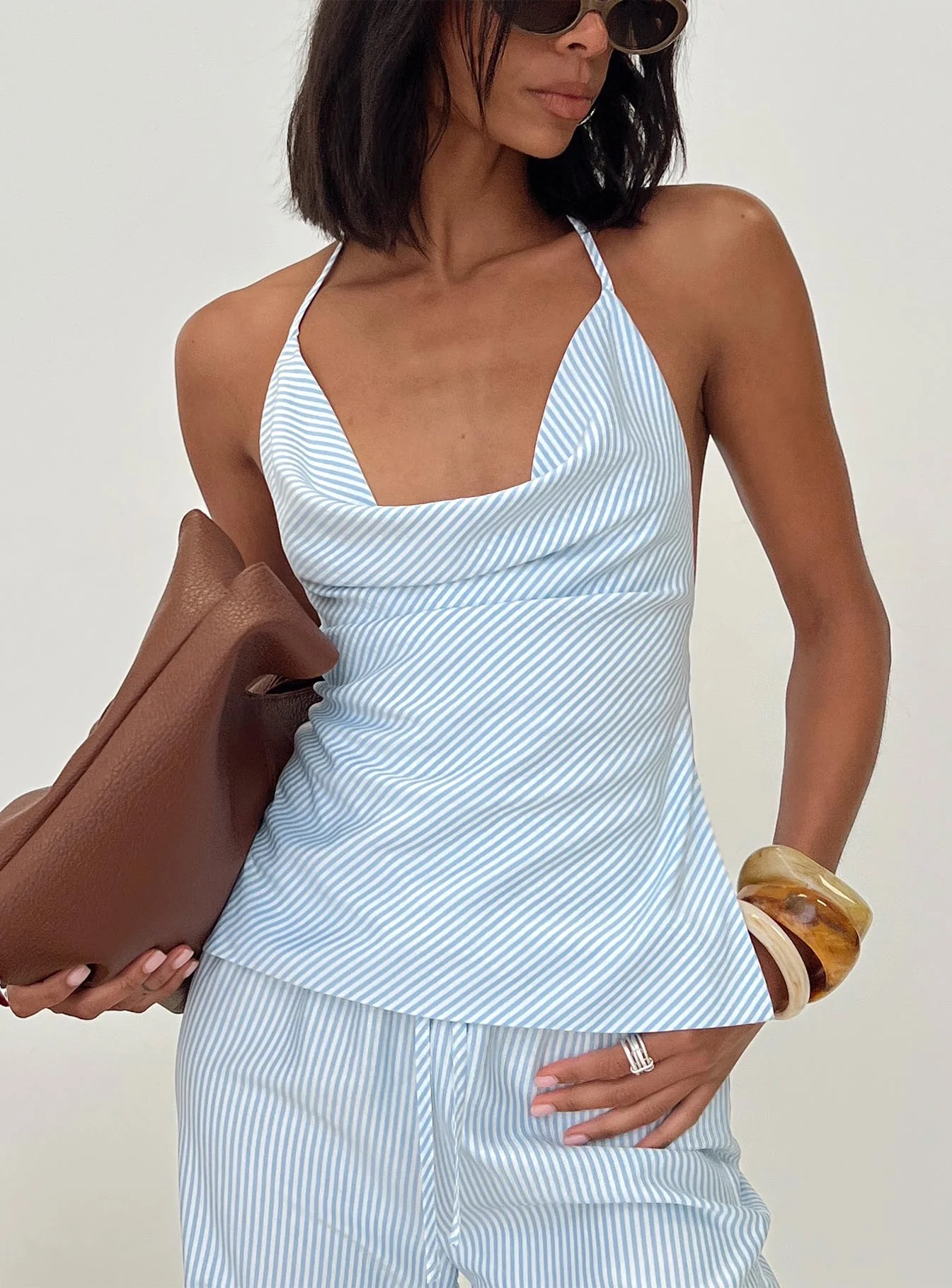 Summer Too Hot Cowl Neck Top Blue Stripe