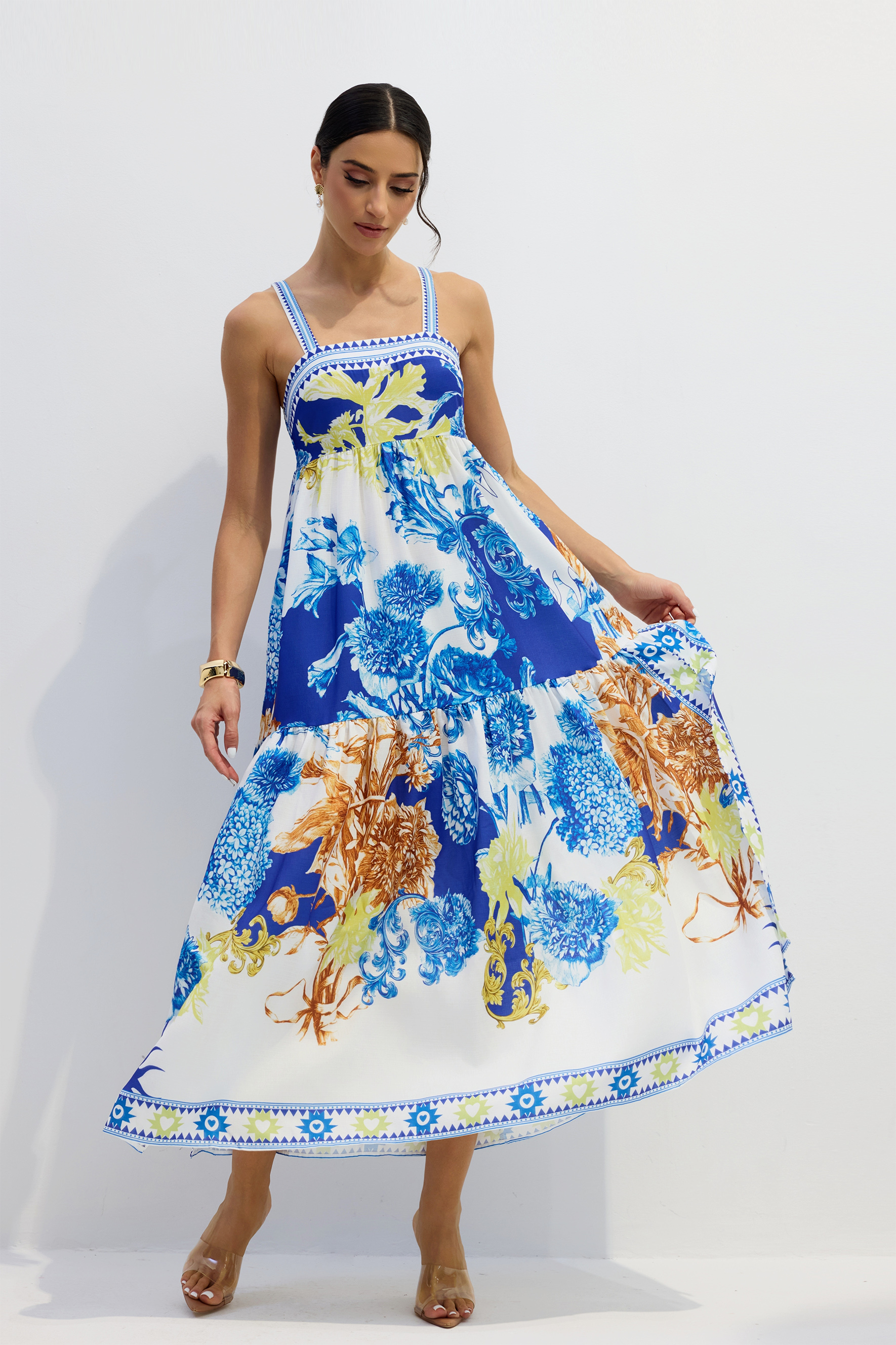 Floral Print Shirred Maxi Dress