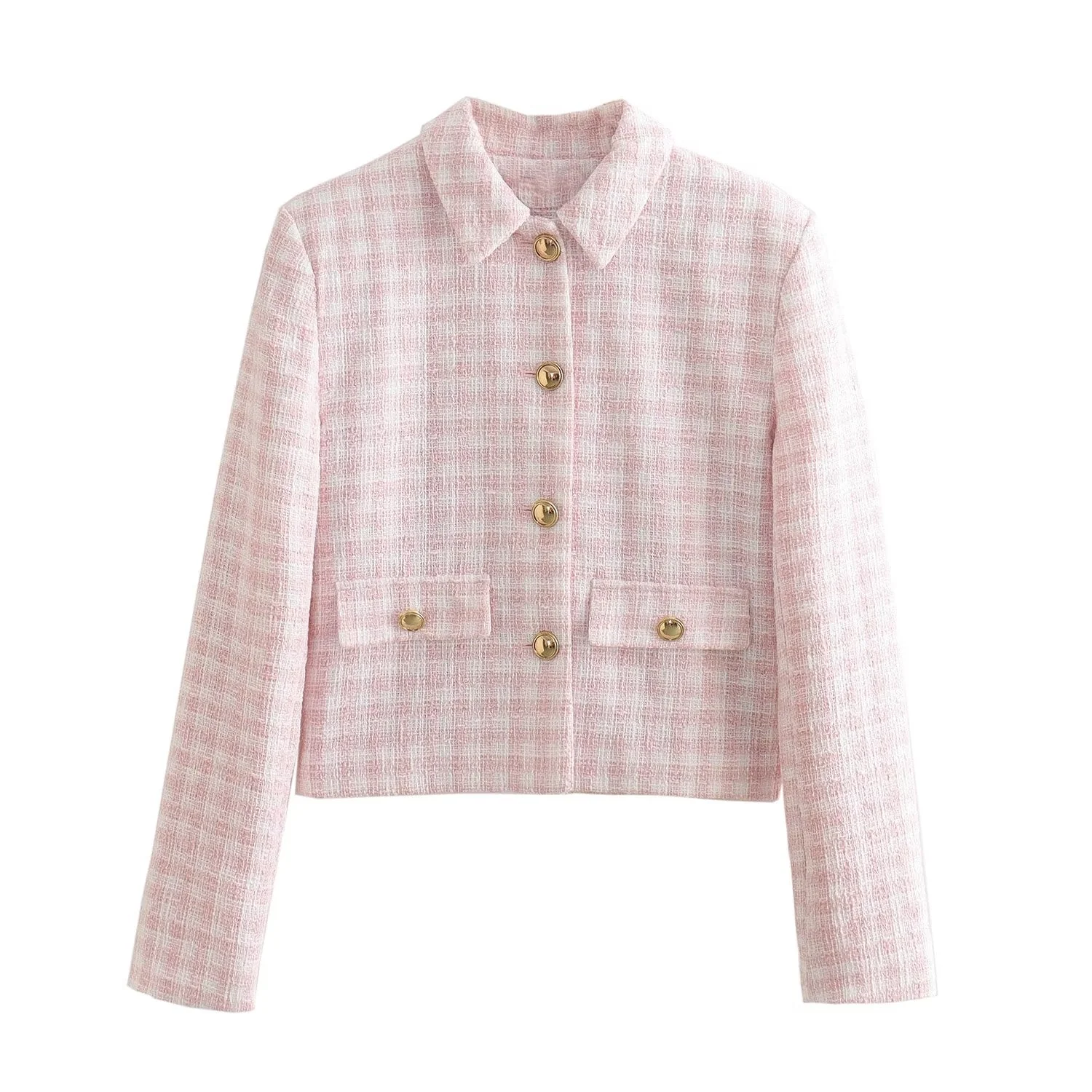 Woolen Plaid Lon Sleeved Coat Row Buckle Cardigan Turn down Collar Coat