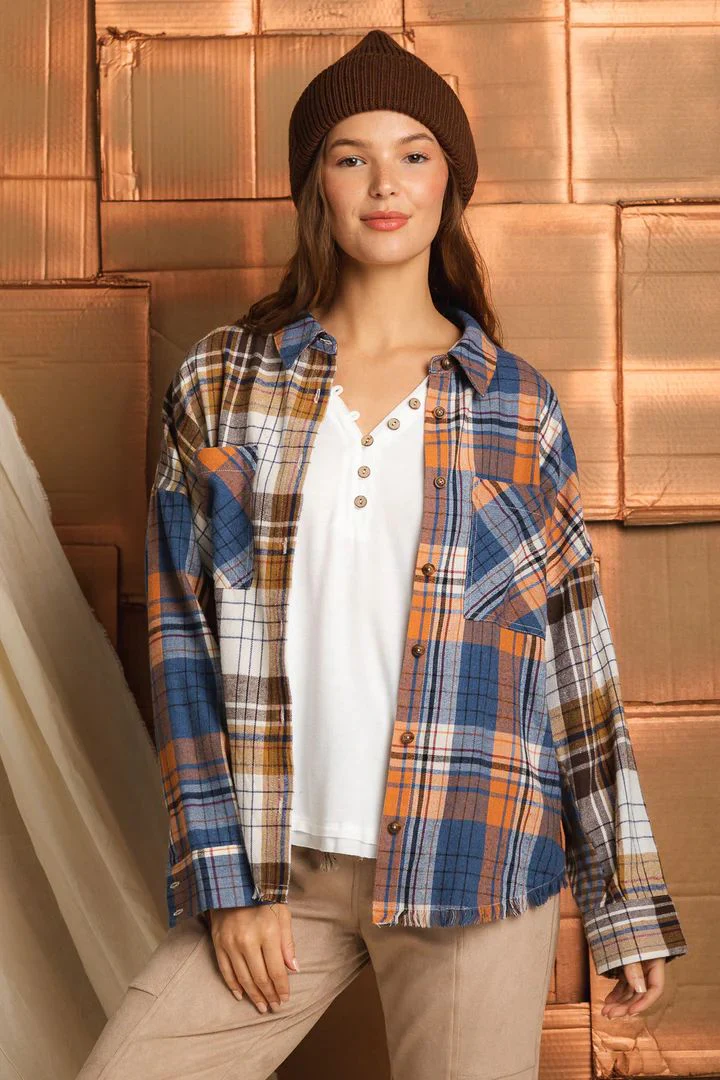 Plaid Long Sleeve Color Matching Coat Thin Outerwear