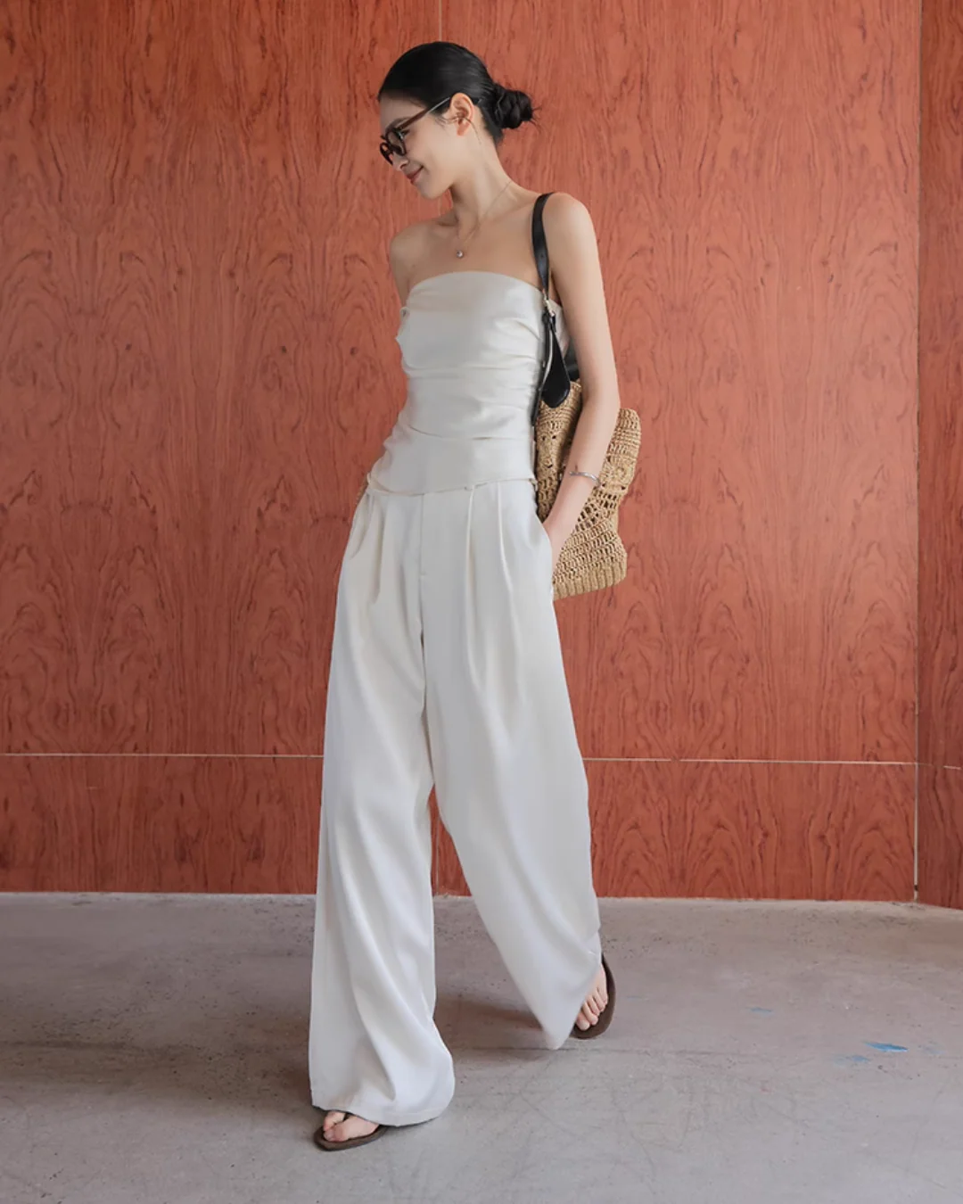 Satin Strapless Top & Wide-Leg Pants Set