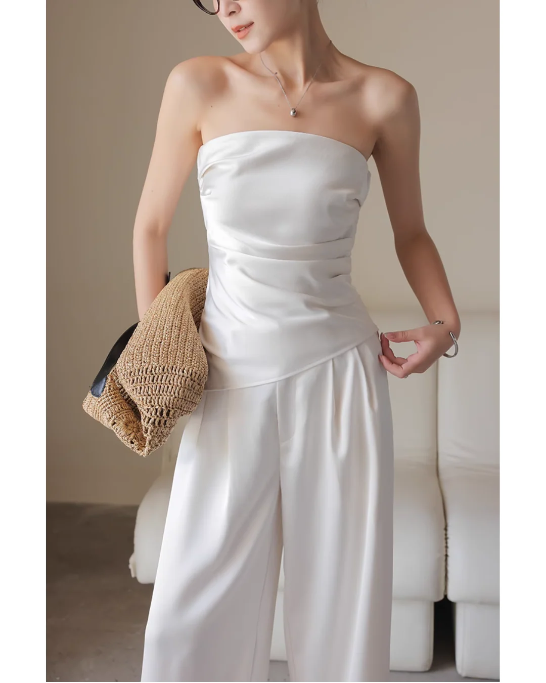 Satin Strapless Top & Wide-Leg Pants Set