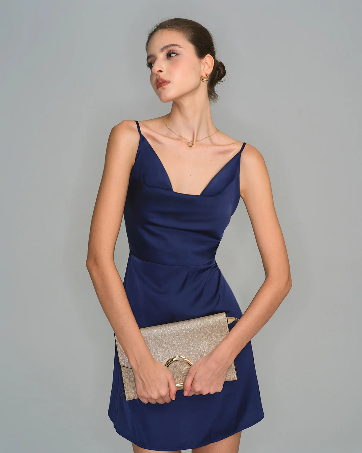 Navy Satin Cowl Neck Slip Mini Dress