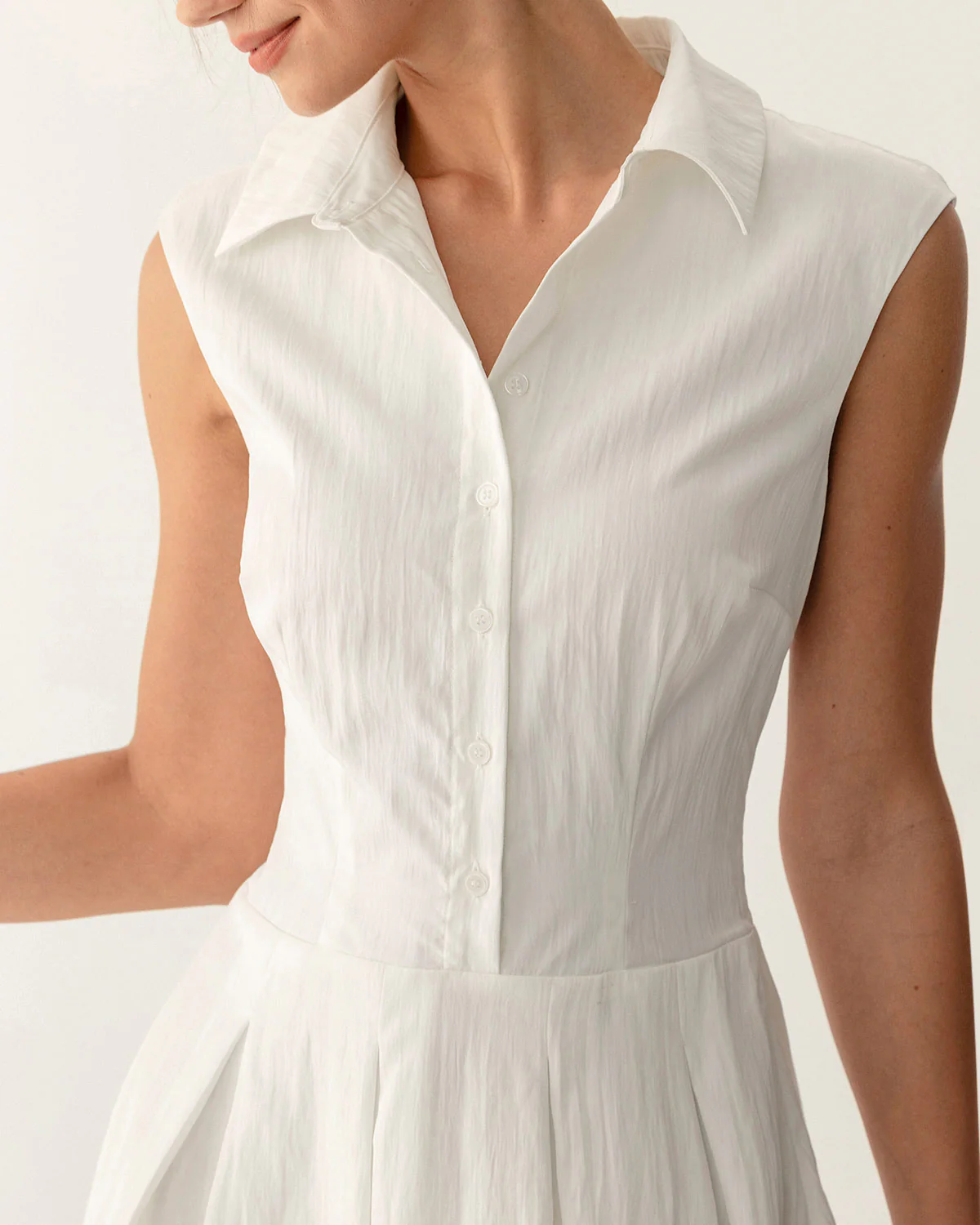 White Button A-Line Sleeveless Mini Dress