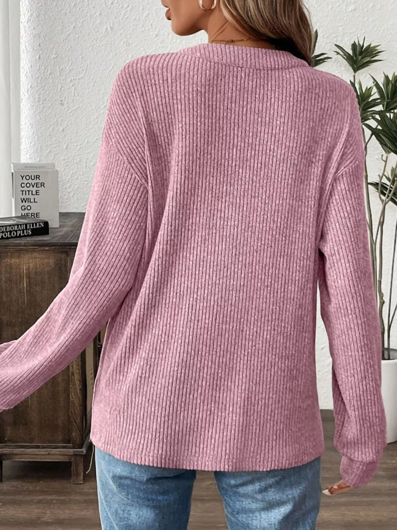 Ribbed Texture Drop Shoulder Henley Top