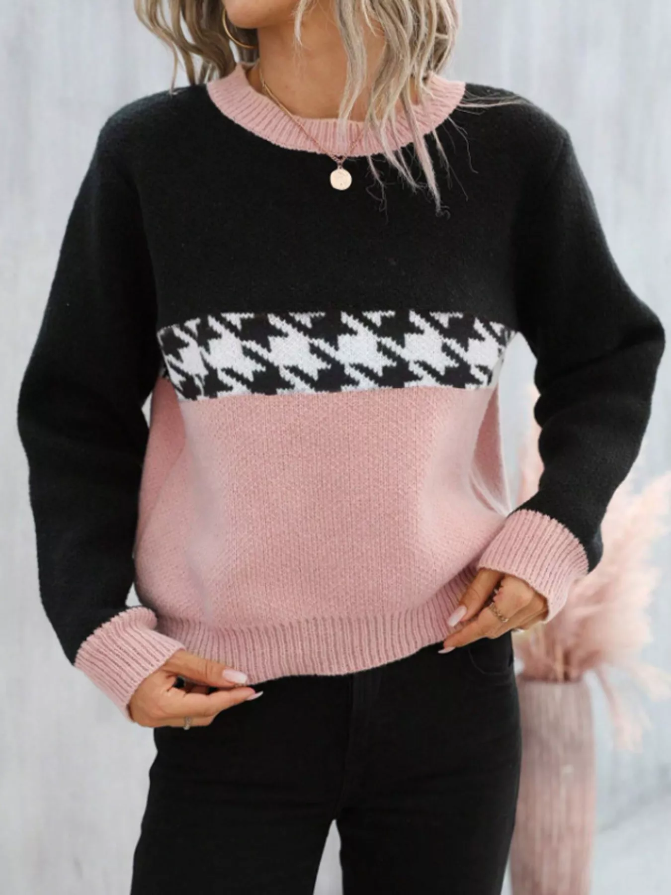 Color Block Houndstooth Knit Sweater