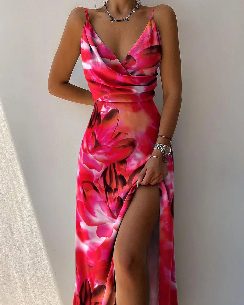 Printed Backless Sleeveless Sexy Suspenders Big Swing Casual Party Wedding Guest Dress