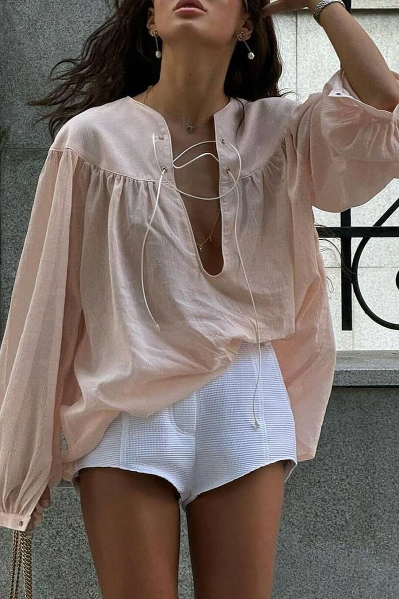 Casual Solid Color Lace Up O Neck Blouses