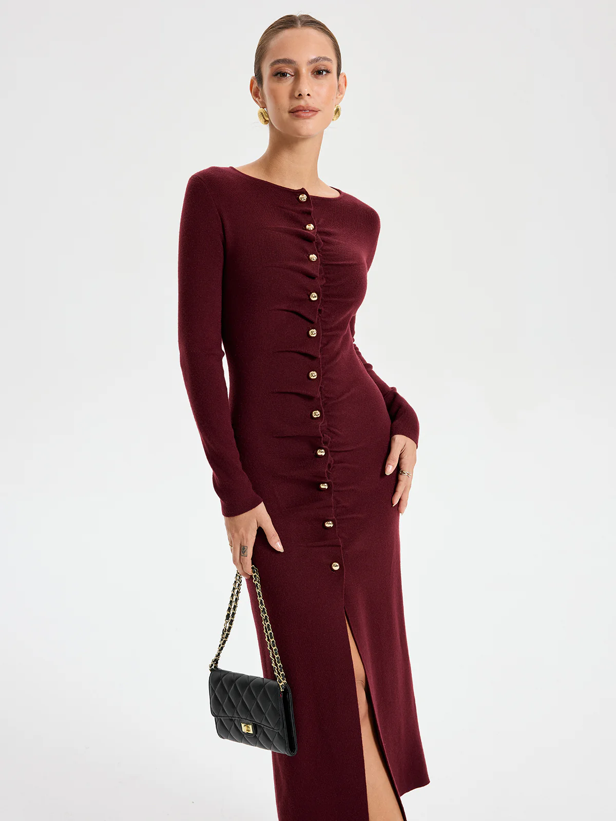 Elegant Long Sleeve Wide Neck Button Front Knit Dress