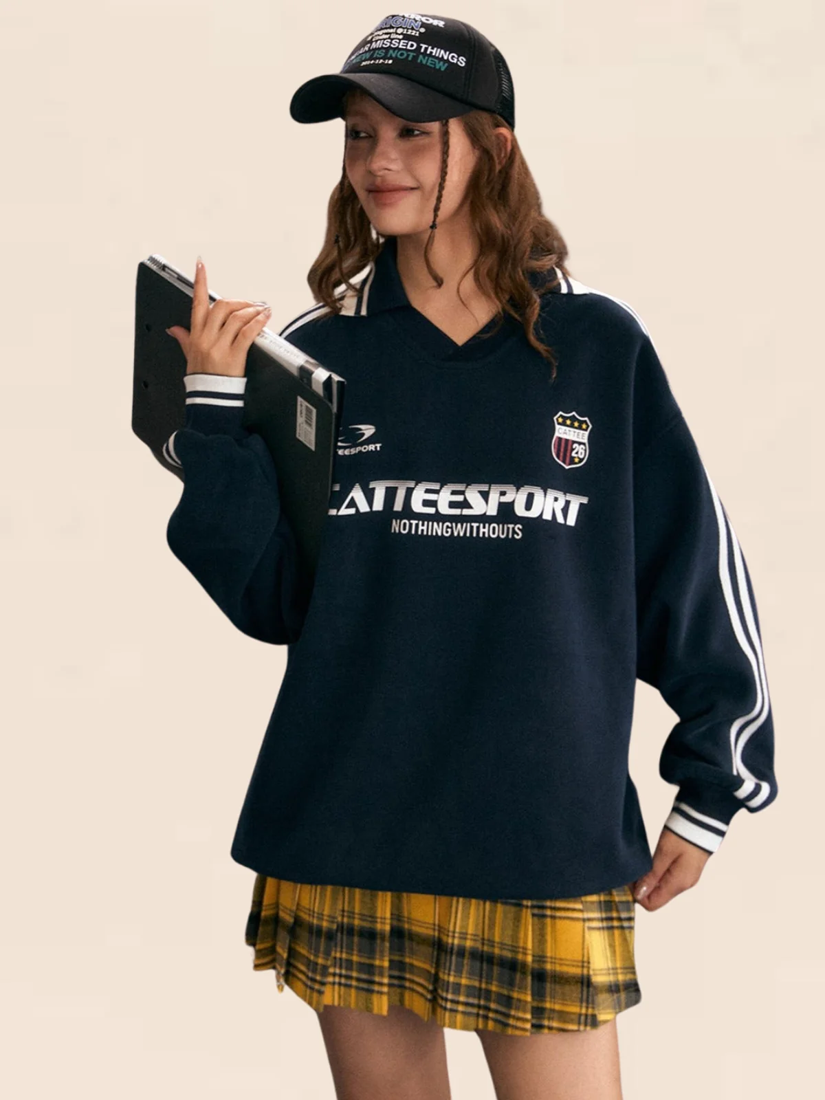 Brand Striped Sleeve V-Neck Sweatshirt