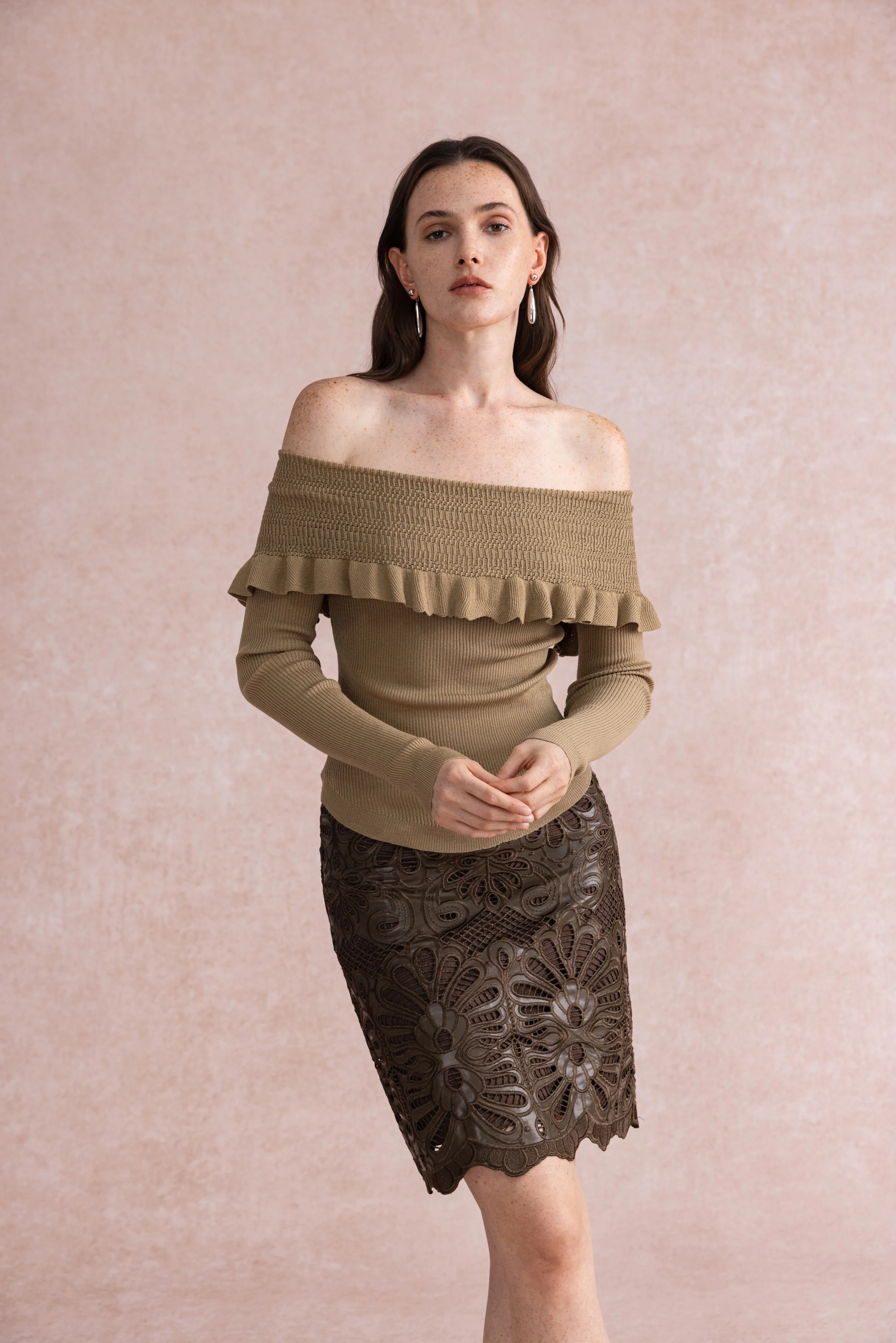 Off shoulder ruffled sweater